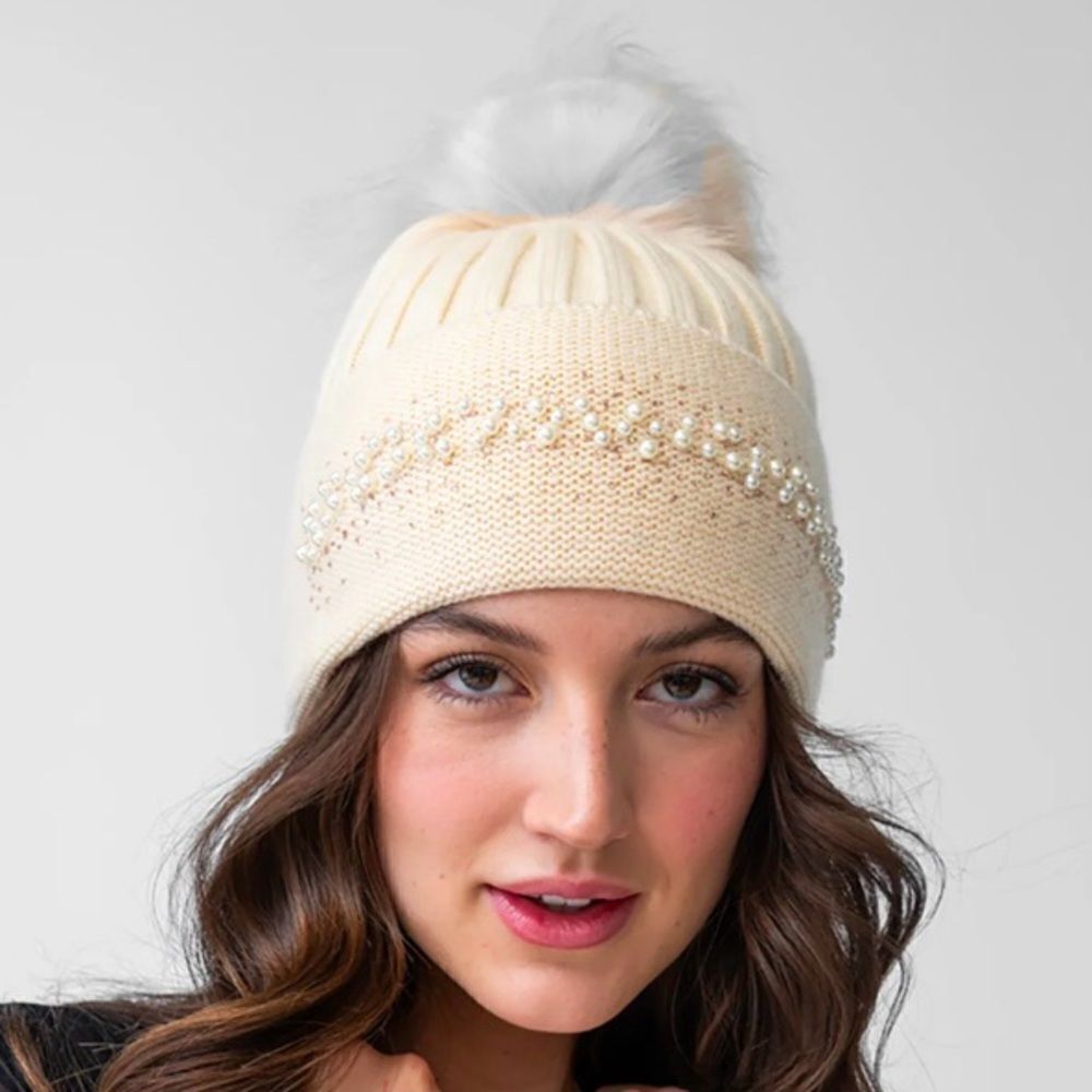 NWT New Adrienne Landau Pearl Trim Pom-Pom Knit Wool Blend Beanie Hat Ivory OS